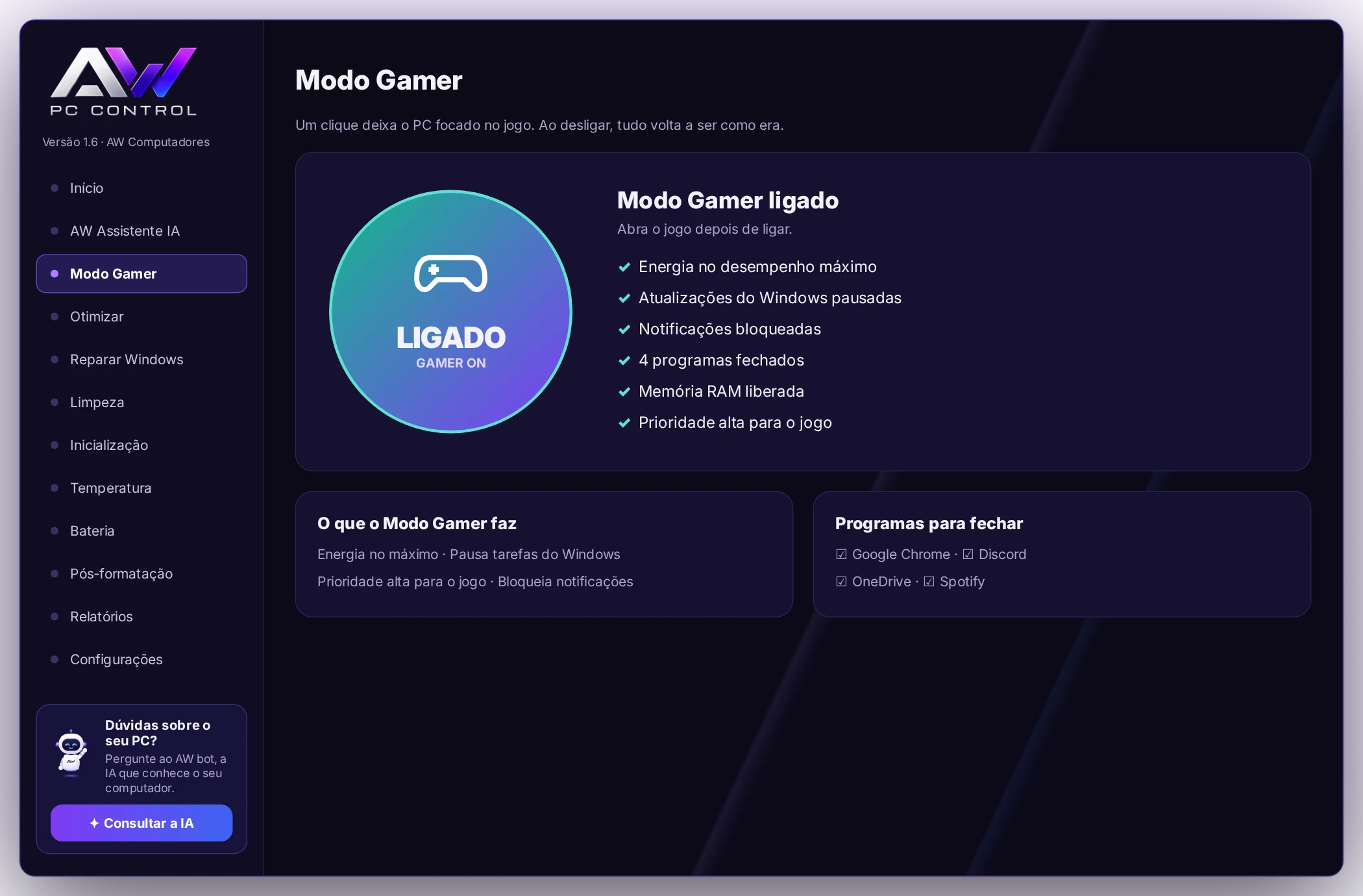 Modo Gamer ligado no AW PC Control