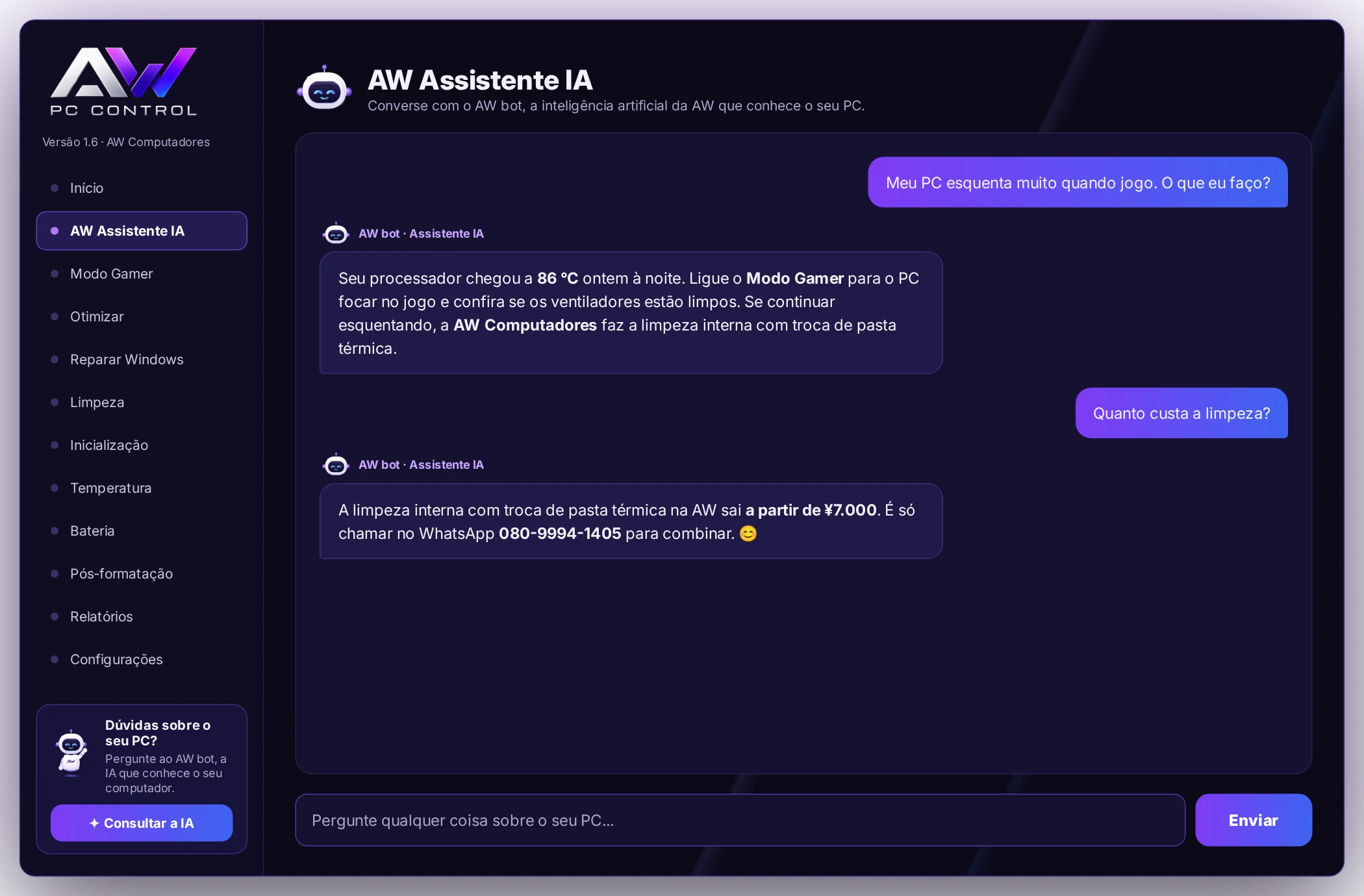 Conversa com o AW bot no AW PC Control
