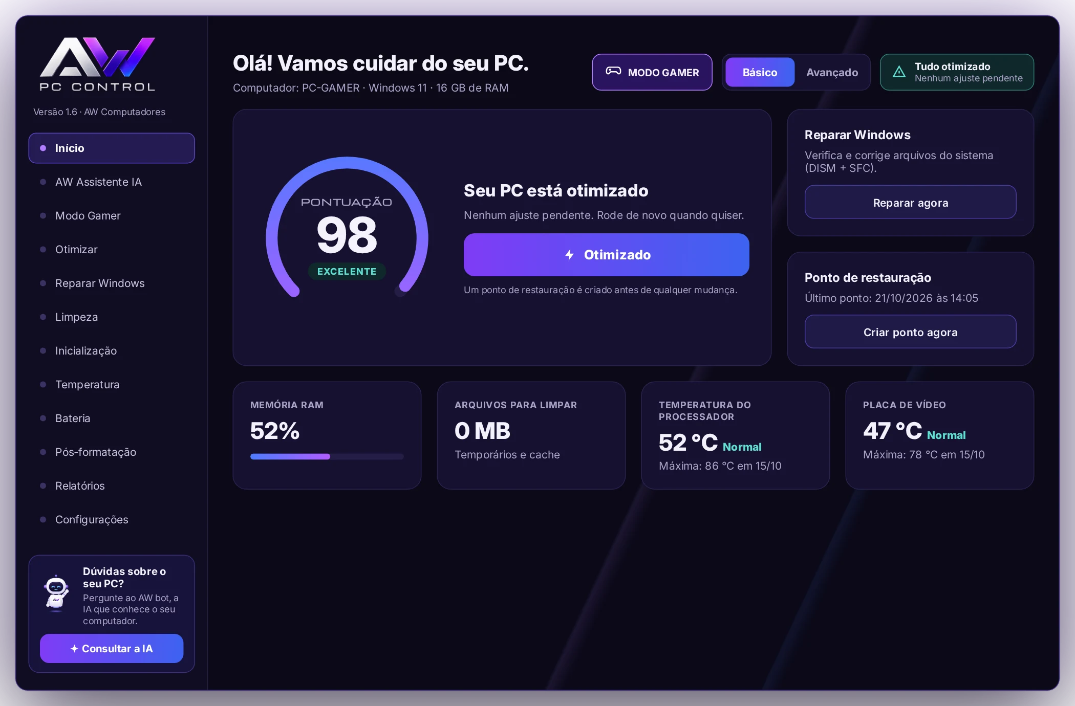 Tela do AW PC Control