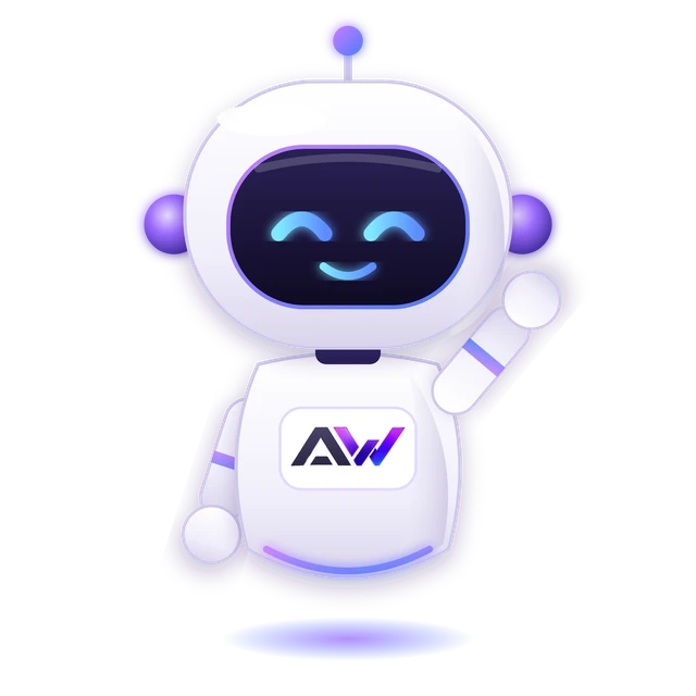 AW bot, o mascote da AW, acenando
