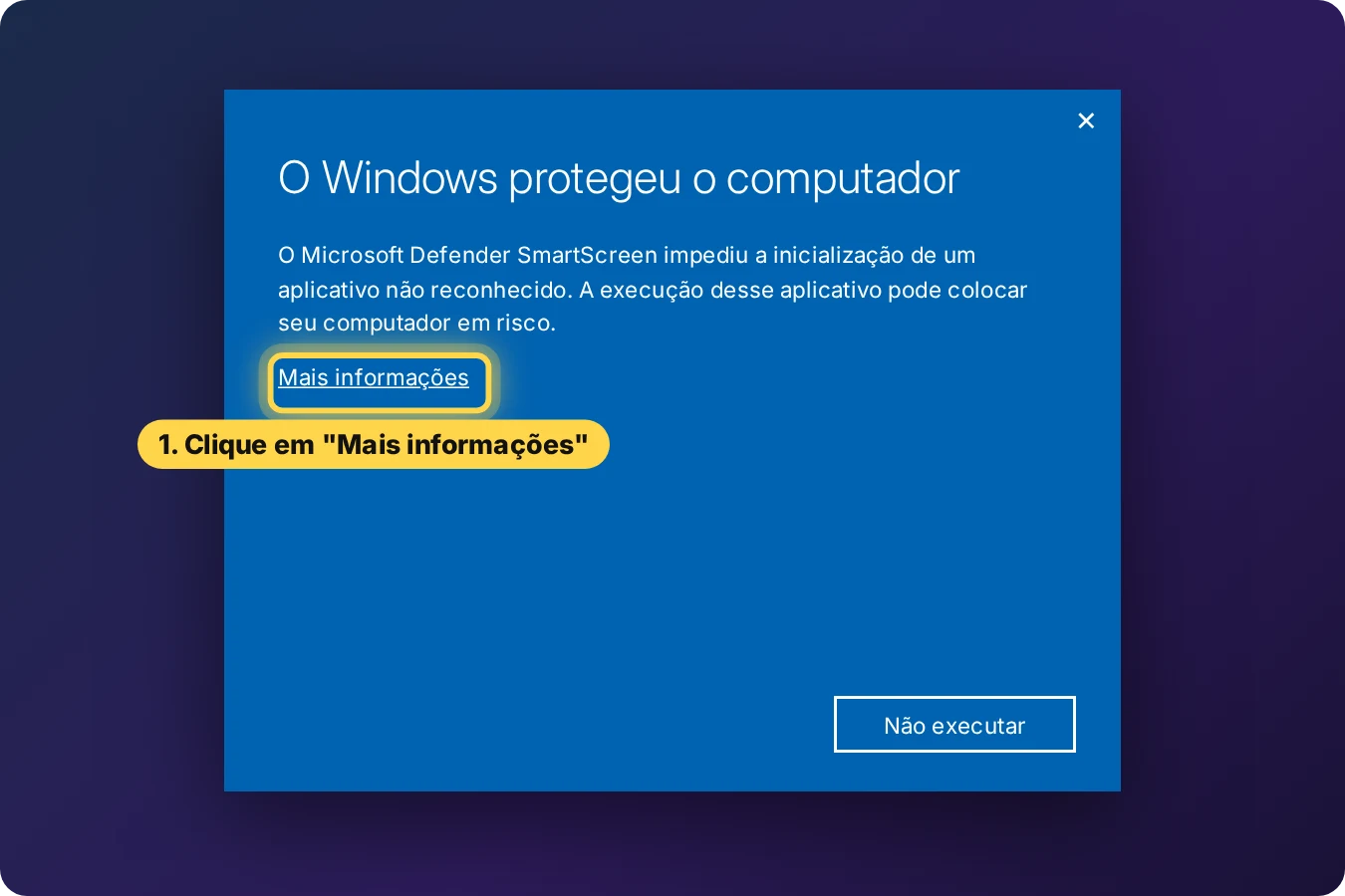Aviso O Windows protegeu o computador, com o link Mais informações destacado