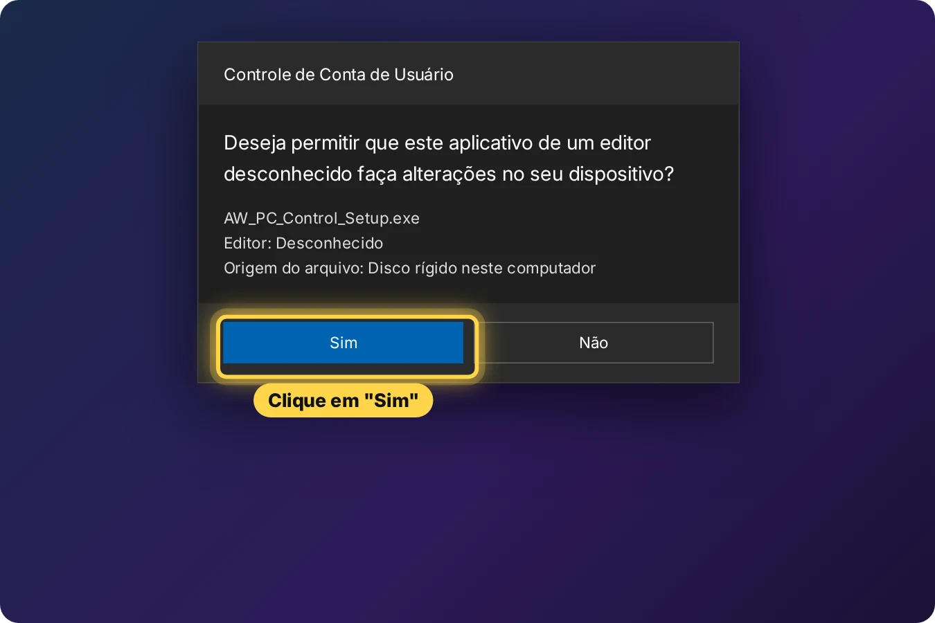 Janela Controle de Conta de Usuário com o botão Sim destacado