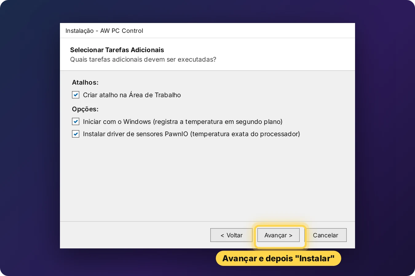 Instalador do AW PC Control com o botão Avançar destacado